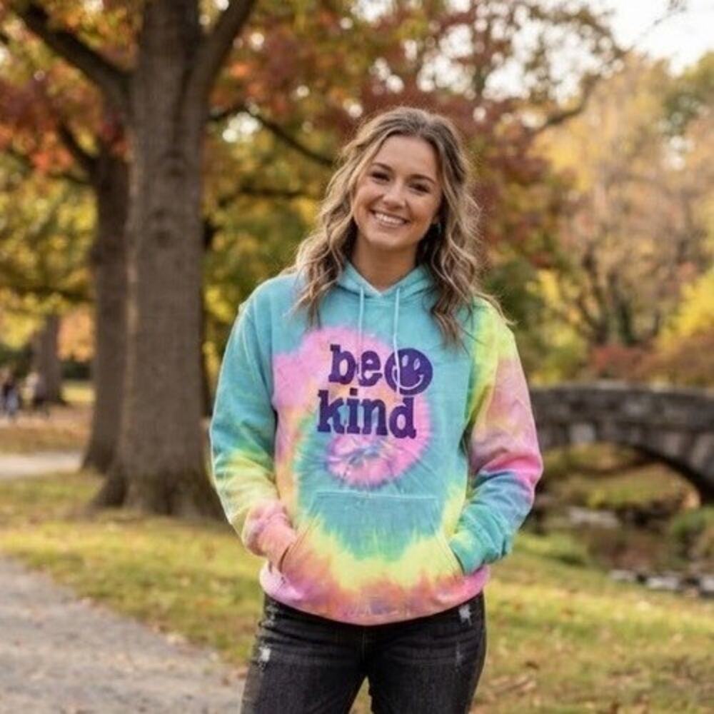 BE KIND, Positive Vibes Tie-Dye Hoodie Sweatshirt Loungewear Urban Streetwear, L
